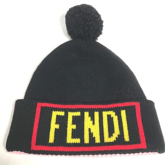 FENDI Bicolor with logo pompom beanie knit hat